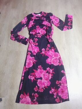 Persaya Black Midi Dress with Bright Pink Floral Print